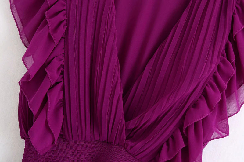 Vintage Women Purple Long Dress Summer Fashion Ladies Elegant Pleated Chiffon Dresses