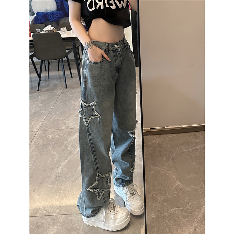 Blue XINGX Embroidered Women Loose Straight-leg Wide-leg Pants
