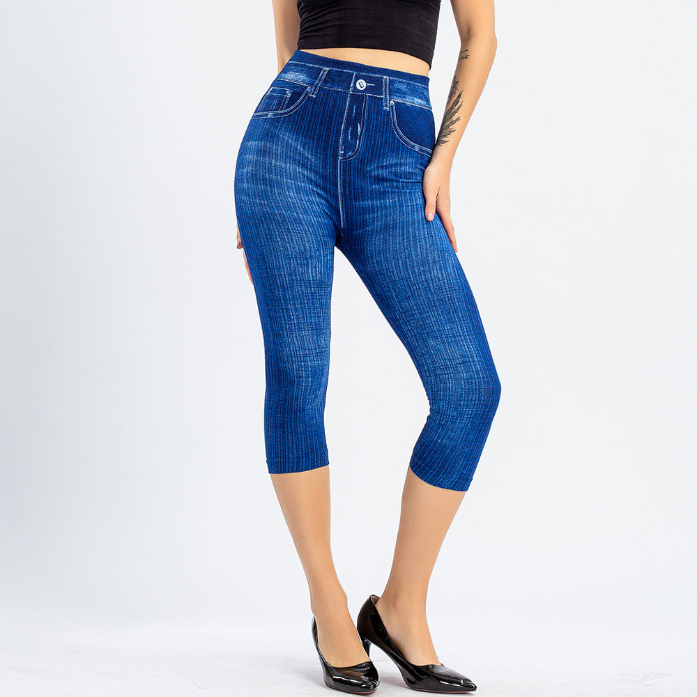 1-Stretch Bottoming Cropped Slim Fit Hip Raise Printed Jeans For Women