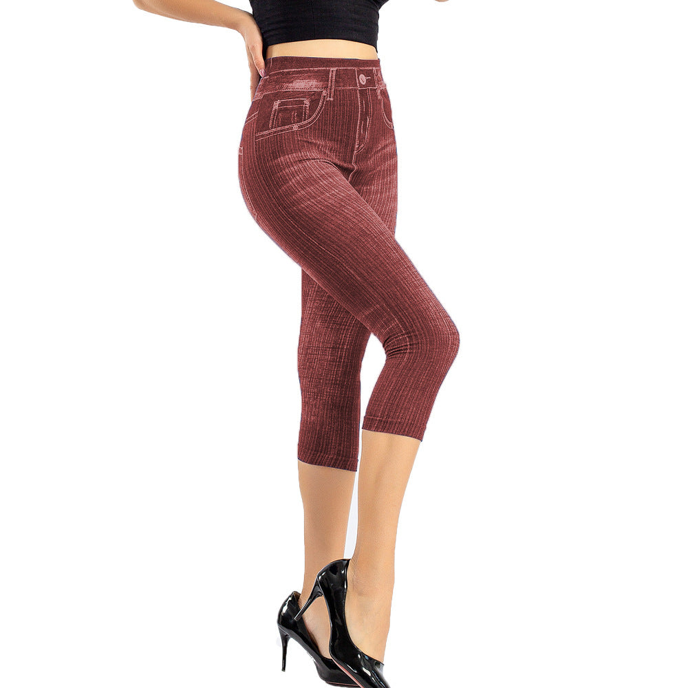 1-Stretch Bottoming Cropped Slim Fit Hip Raise Printed Jeans For Women