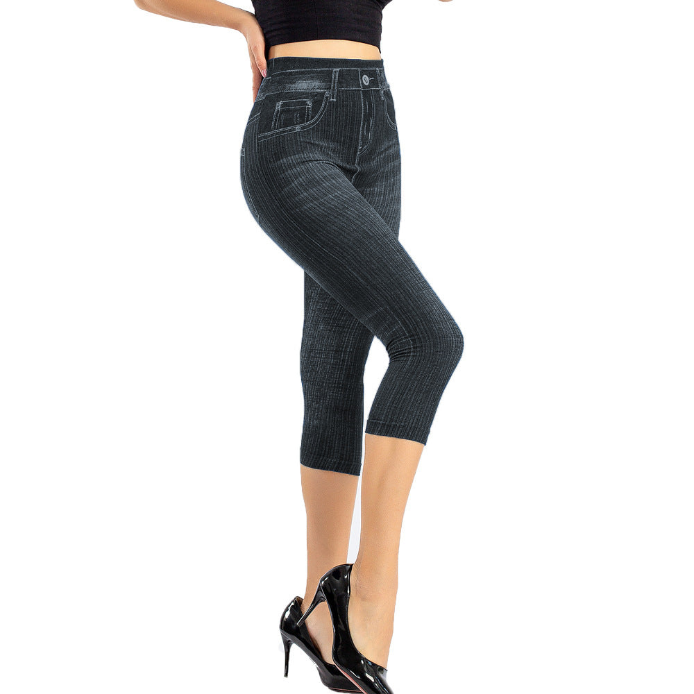 1-Stretch Bottoming Cropped Slim Fit Hip Raise Printed Jeans For Women