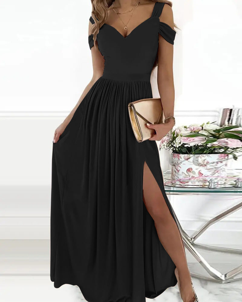 V-neck Boho Spaghetti Strap Dress Women Split Long Flowy Dresses