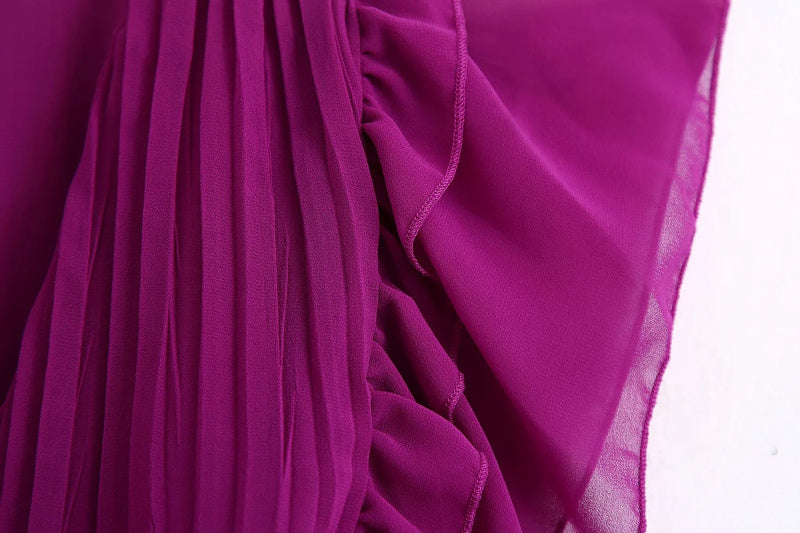 Vintage Women Purple Long Dress Summer Fashion Ladies Elegant Pleated Chiffon Dresses