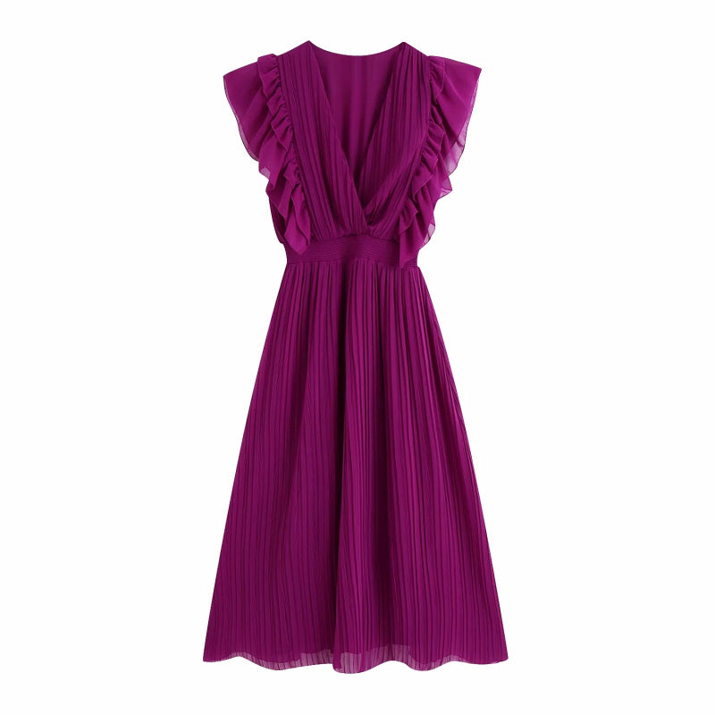 Vintage Women Purple Long Dress Summer Fashion Ladies Elegant Pleated Chiffon Dresses