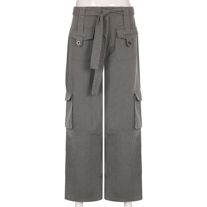 Multi Pocket Belt Casual Workwear Jeans Women