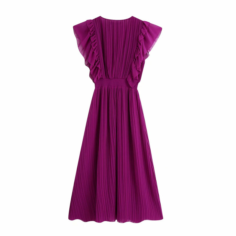 Vintage Women Purple Long Dress Summer Fashion Ladies Elegant Pleated Chiffon Dresses