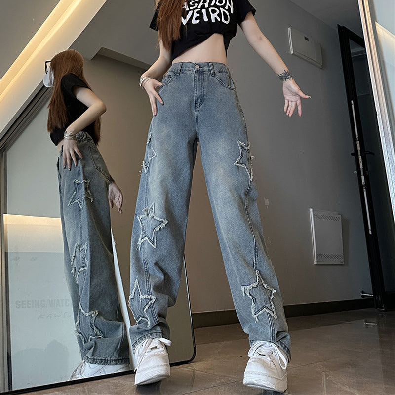Blue XINGX Embroidered Women Loose Straight-leg Wide-leg Pants
