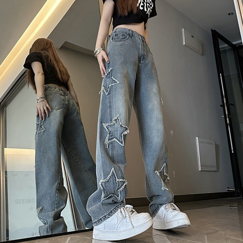 Blue XINGX Embroidered Women Loose Straight-leg Wide-leg Pants