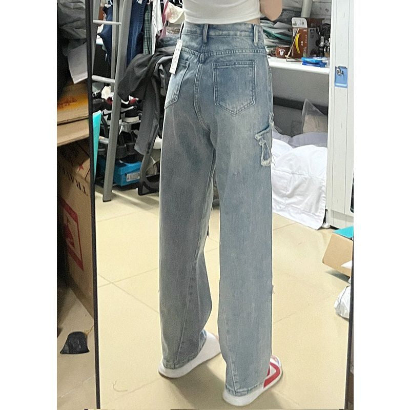 Blue XINGX Embroidered Women Loose Straight-leg Wide-leg Pants