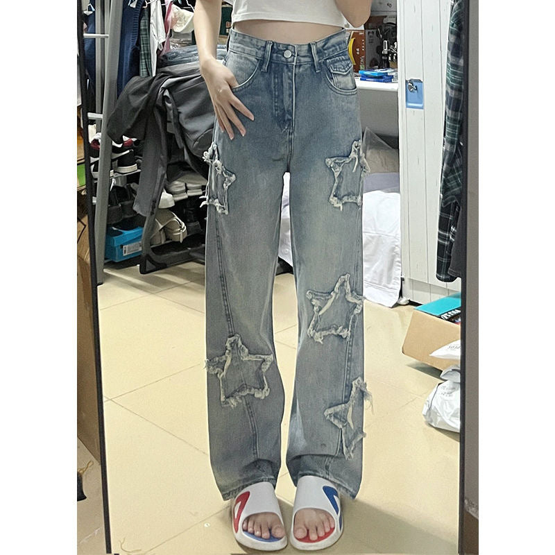 Blue XINGX Embroidered Women Loose Straight-leg Wide-leg Pants
