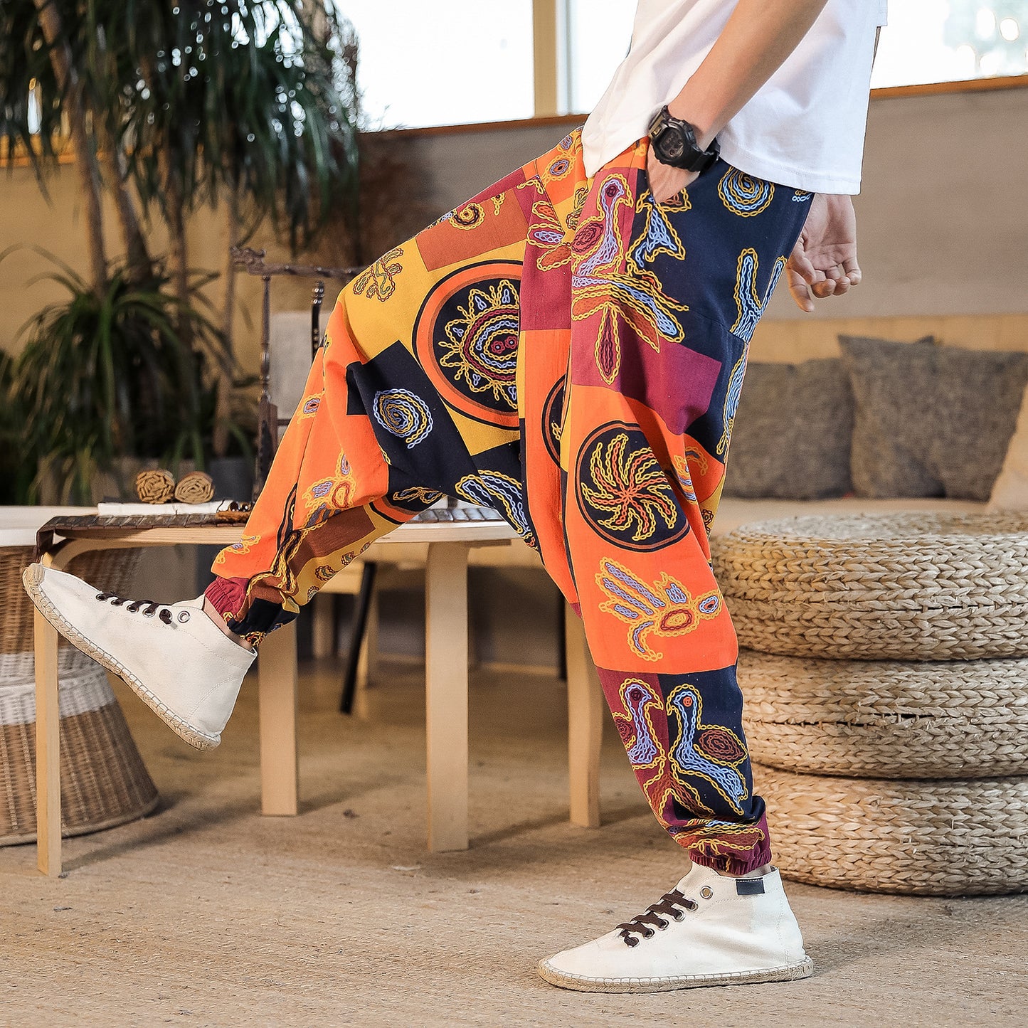 Drop Crotch Chinese Style Nepal Pants Linen