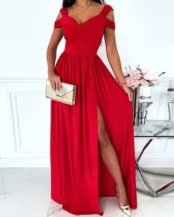 V-neck Boho Spaghetti Strap Dress Women Split Long Flowy Dresses