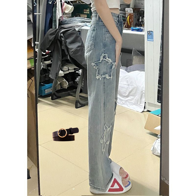 Blue XINGX Embroidered Women Loose Straight-leg Wide-leg Pants
