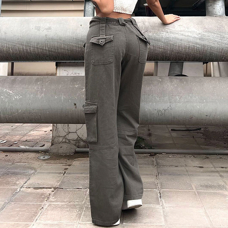 Multi Pocket Belt Casual Workwear Jeans Women