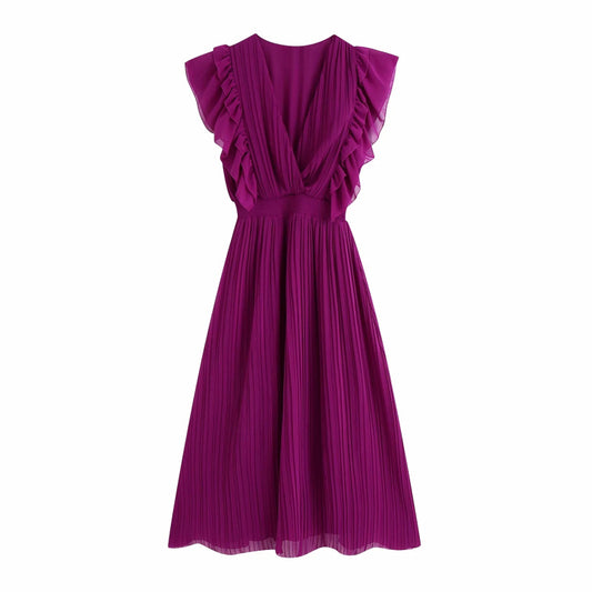 Vintage Women Purple Long Dress Summer Fashion Ladies Elegant Pleated Chiffon Dresses