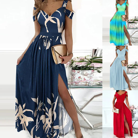 V-neck Boho Spaghetti Strap Dress Women Split Long Flowy Dresses