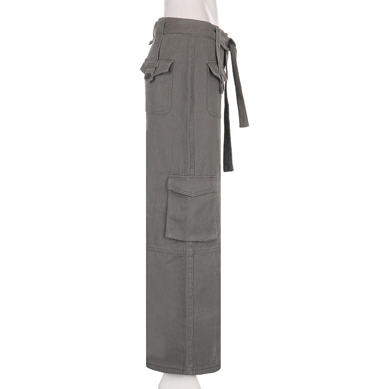 Multi Pocket Belt Casual Workwear Jeans Women