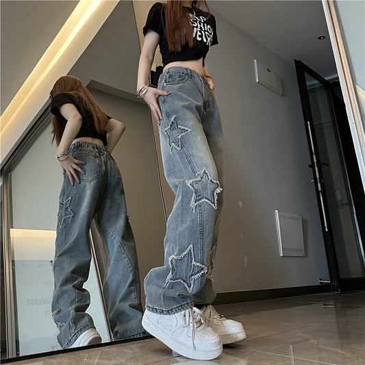 Blue XINGX Embroidered Women Loose Straight-leg Wide-leg Pants