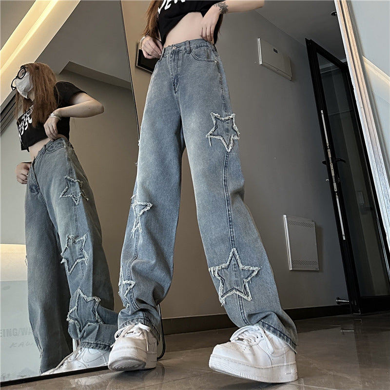 Blue XINGX Embroidered Women Loose Straight-leg Wide-leg Pants