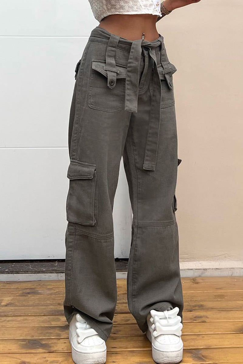 Multi Pocket Belt Casual Workwear Jeans Women