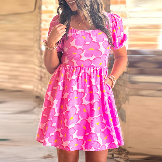 Waist Slimming Dress Printing Color Contrast Knee-length Skirt