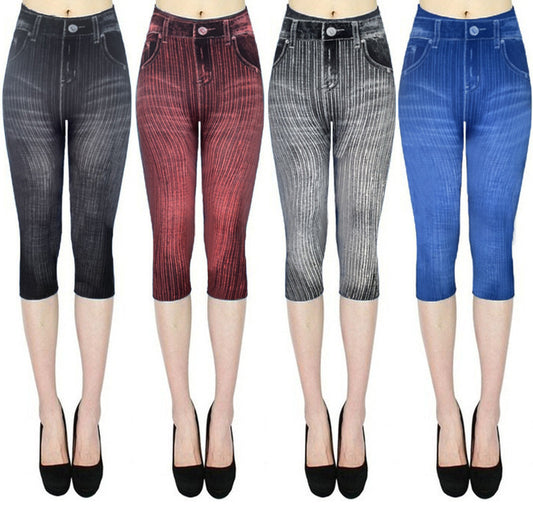 1-Stretch Bottoming Cropped Slim Fit Hip Raise Printed Jeans For Women