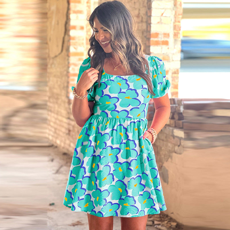 Waist Slimming Dress Printing Color Contrast Knee-length Skirt