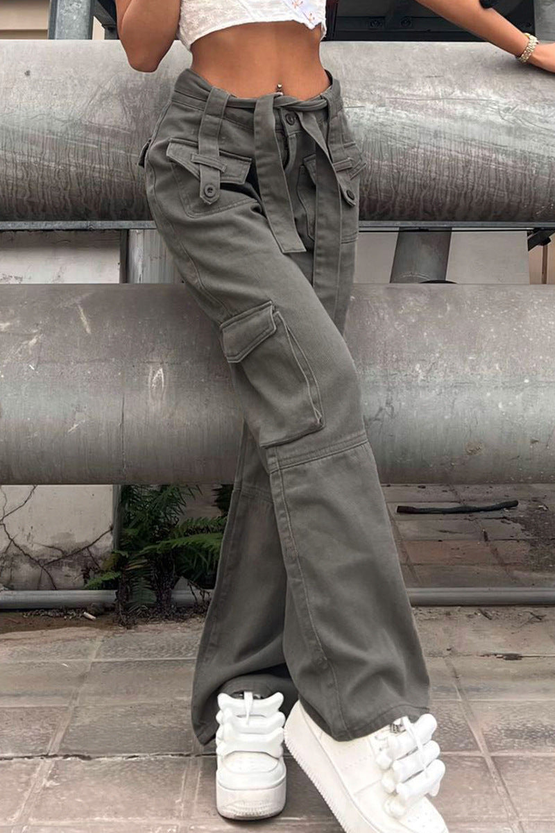 Multi Pocket Belt Casual Workwear Jeans Women