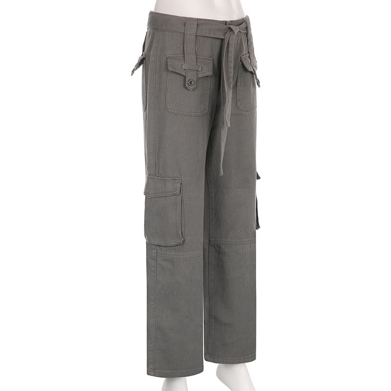 Multi Pocket Belt Casual Workwear Jeans Women
